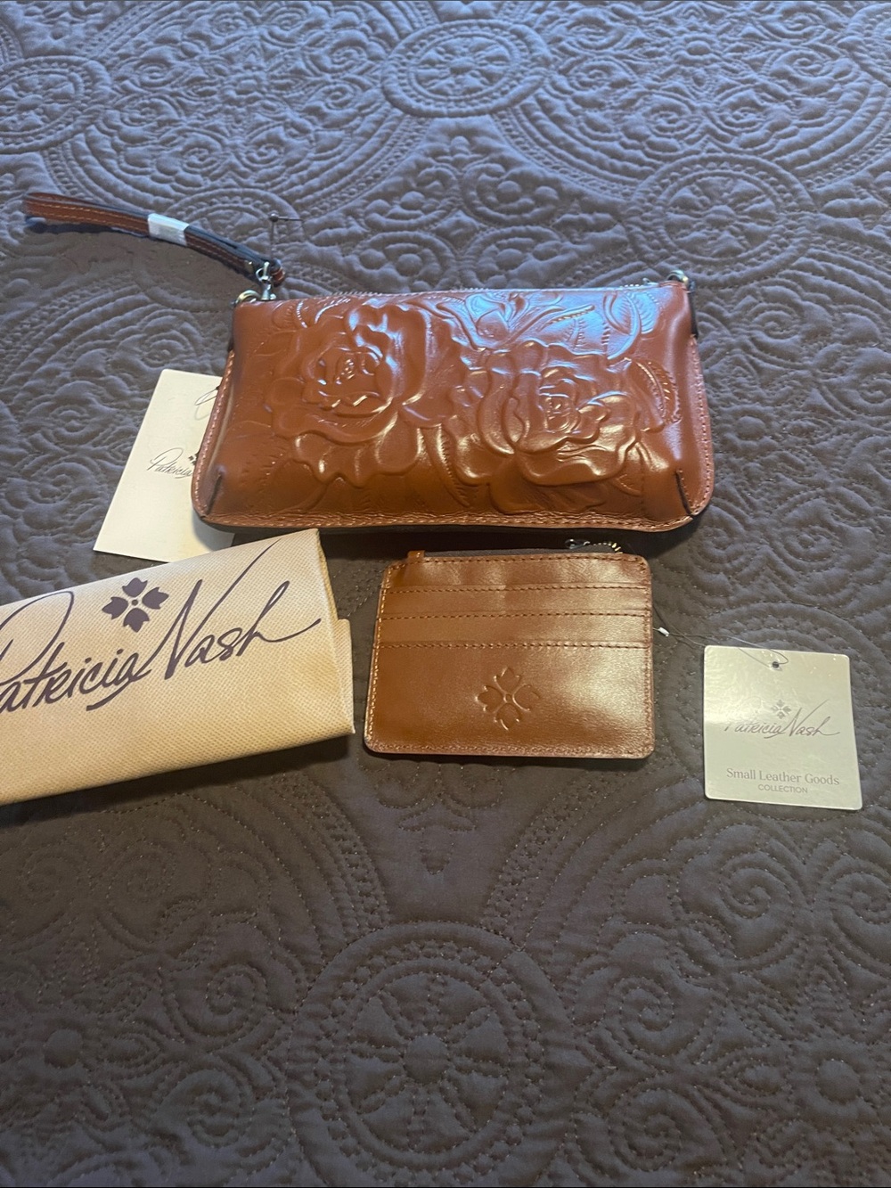 Patricia Nash Embossed Floral Leather Wristlet/Crossbody & Card Case - Brown